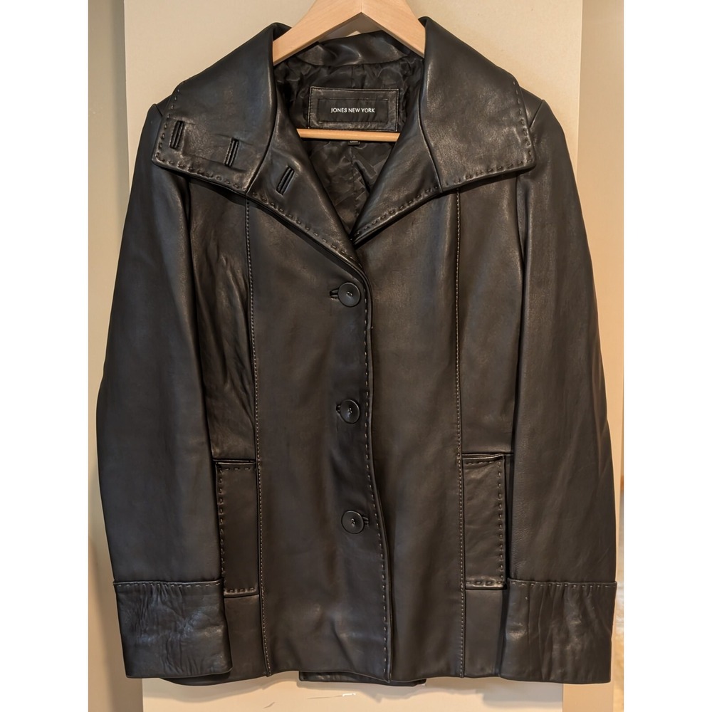 Jones New York Genuine Leather Jacket Coat Women XS Black Stitch Detail Button